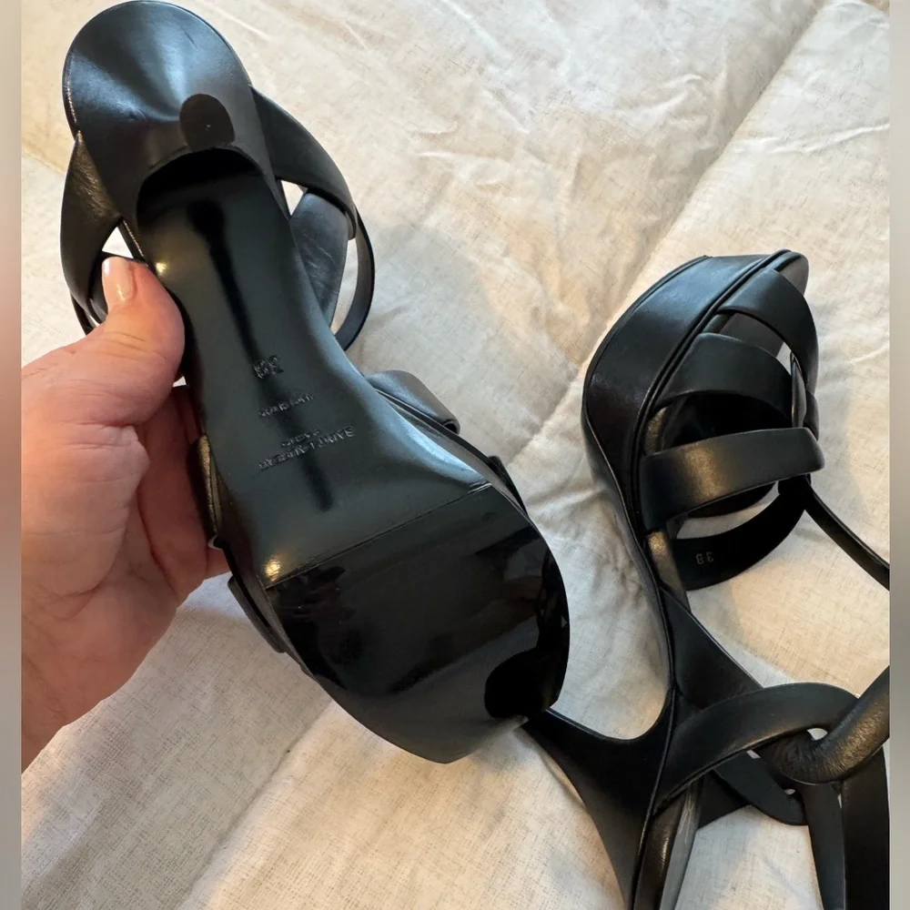 Saint Laurent Black Leather Strappy Platform Heels with Gold Logo - Picture 11 of 14